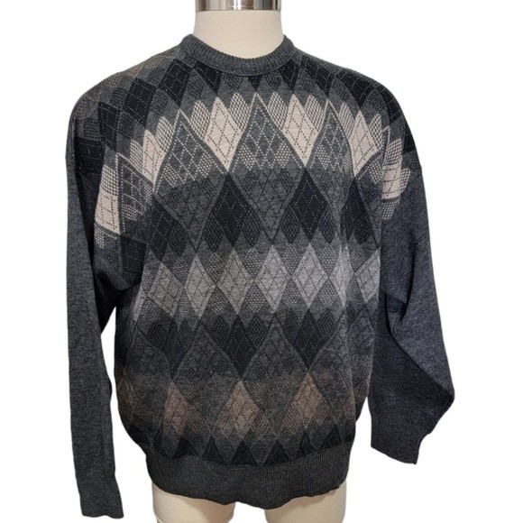 Vtg Florence Tricot gray pull over sweater size XL wool blend Argyle Italy - Picture 1 of 6